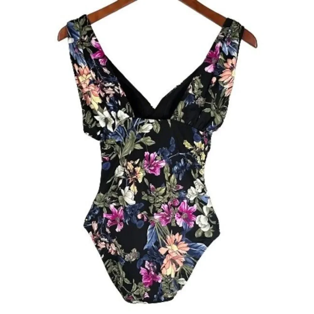 Time and Tru NEW One Piece Swimsuit S Black with Pink Blue Yellow Floral NWT - Picture 3 of 8